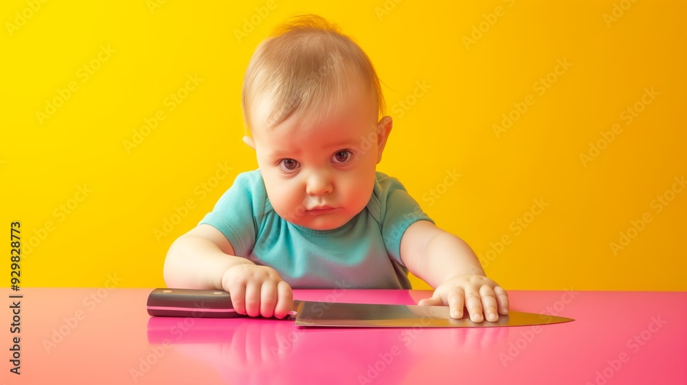adorable baby with wide-eyed expression sitting at table holding knife against vibrant pink background with warm yellow and orange tones conveying innocence and curiosity adorable baby with wide-eyed expression sitting at table holding knife against vibrant pink background with warm yellow and orange tones conveying innocence and curiosity