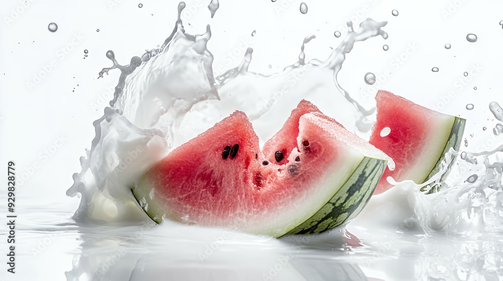 Fototapeta premium Fresh watermelon slices splashing into a pool of white milk with dramatic liquid droplets on a clean white background.