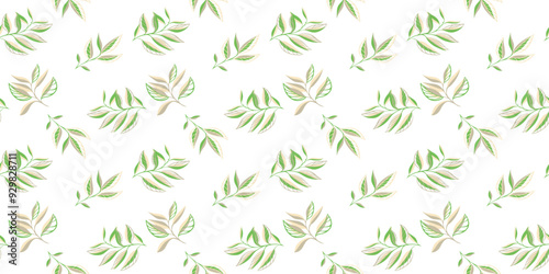 Green abstract shape branches leaves scattered randomly on a seamless pattern. Creative tiny tropical plants print on a light  background. Vector hand drawing sketch. Design for fabric textiles
