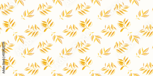 Tiny abstract shape branches leaves scattered randomly on a pattern. Yellow tropical botanical seamless print. Simple creative floral leaf patterned. Vector hand drawing sketch. Design