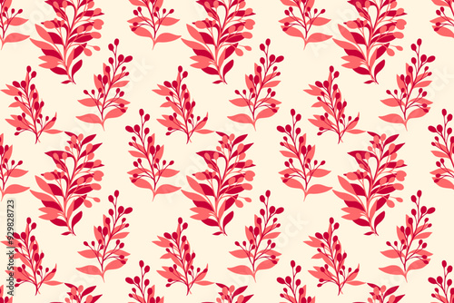 Simple tropical pattern with red abstract shapes branches leaves. Vector hand drawing sketch. Creative floral stems seamless print on a light background. Design for fashion, fabric, wallpaper, textile