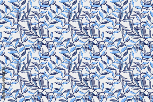 Abstract artistic jungle pattern with unique branches leaves pattern. Creative blue plants contemporary seamless print on a light background. Vector hand drawing illustration. Designs