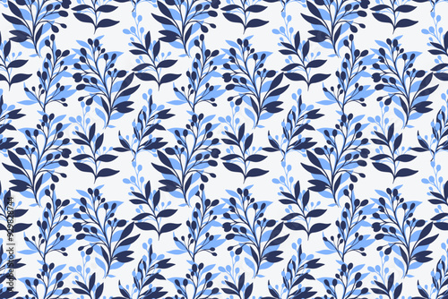 Blue abstract artistic shapes branches leaves seamless pattern. Vector hand drawing sketch. Creative simple  background leaf stems printing. Design for fashion, fabric, wallpaper