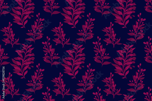 Plain tropical pattern with abstract shapes branches leaves on a dark background. Vector hand drawing sketch. Creative burgundy floral stems seamless print. Design for fashion, fabric, wallpaper