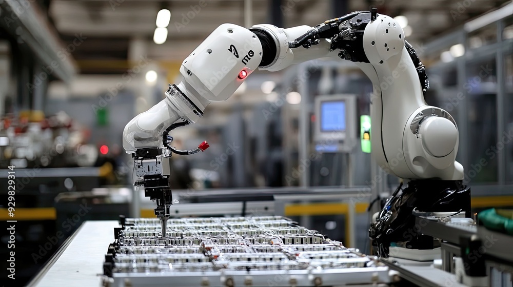 An industrial robot arm in action, performing complex tasks on a ...