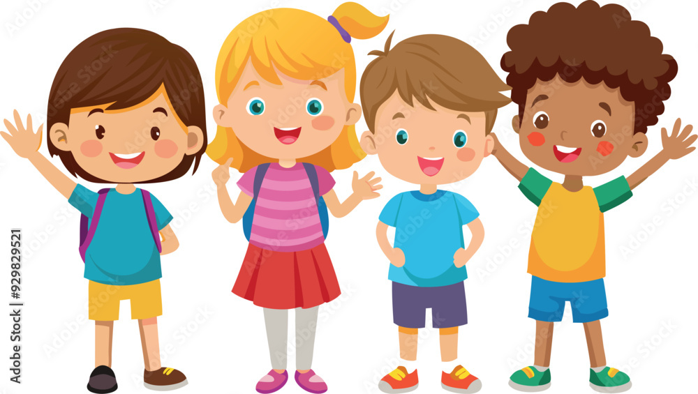 Happy multiethnic school kids waving hands Happy multiethnic school kids waving hands
