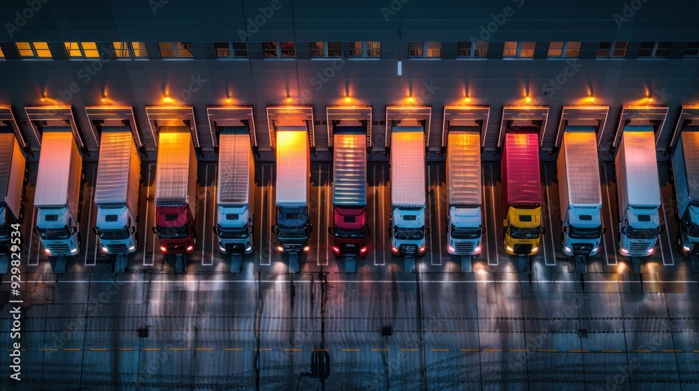 Fototapeta premium photograph of row of trucks parked in front of warehouse factory building. AI generated 
