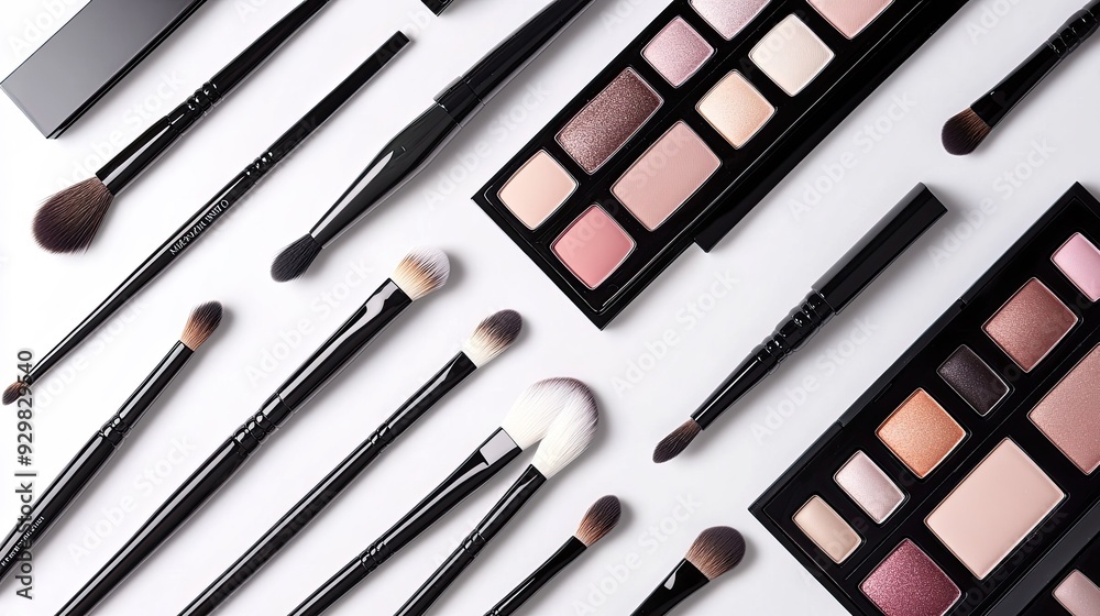 Chic flat lay of different makeup brushes and palettes on a pristine white background, highlighting a range of beauty products Chic flat lay of different makeup brushes and palettes on a pristine white background, highlighting a range of beauty products