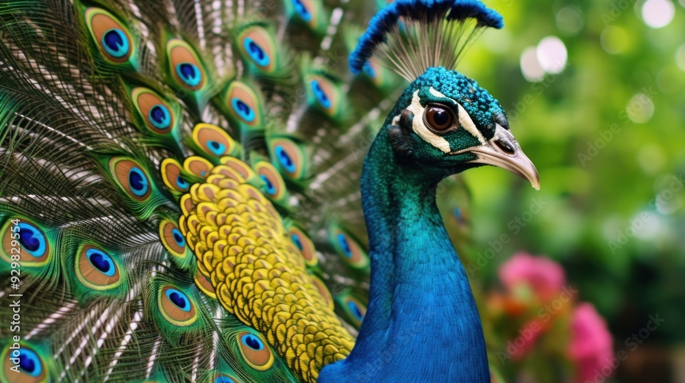 Fototapeta premium Peacock with Spread Tail Feathers