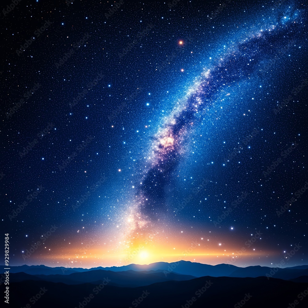 Stunning starry night sky with vivid Milky Way over silhouetted mountain range at sunrise, capturing cosmic beauty and serenity. Stunning starry night sky with vivid Milky Way over silhouetted mountain range at sunrise, capturing cosmic beauty and serenity.