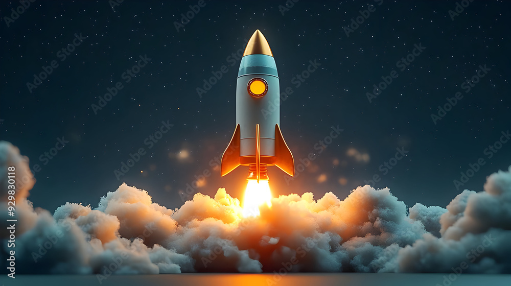 Fototapeta premium A rocket launching through clouds into the night sky.