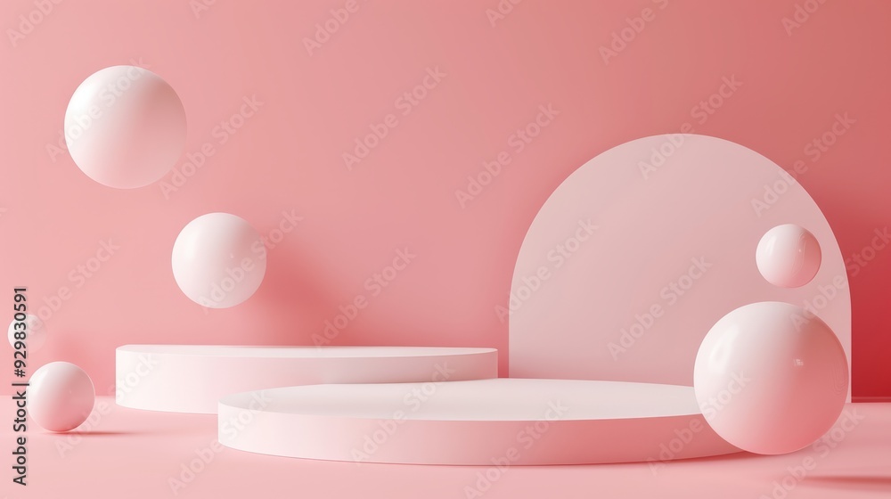 Simple arrangement of floating spheres and circular shapes set against a light pink background, creating a serene and modern aesthetic Simple arrangement of floating spheres and circular shapes set against a light pink background, creating a serene and modern aesthetic