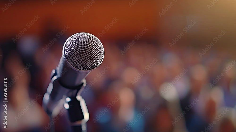 Intimate close-up of a microphone attached to a podium, with the audience softly blurred behind, highlighting the public speaking environment Intimate close-up of a microphone attached to a podium, with the audience softly blurred behind, highlighting the public speaking environment