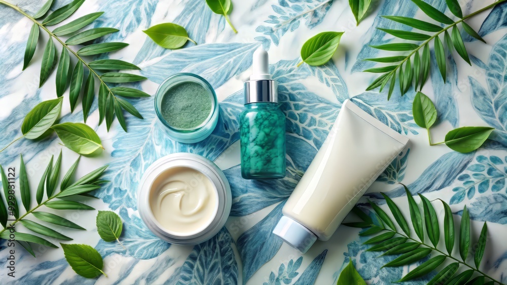 Vibrant, geometric patterns of blue and green botanicals swirl around a minimalist skincare set, featuring a cleanser, moisturizer, and face mask on a marble surface. Vibrant, geometric patterns of blue and green botanicals swirl around a minimalist skincare set, featuring a cleanser, moisturizer, and face mask on a marble surface.