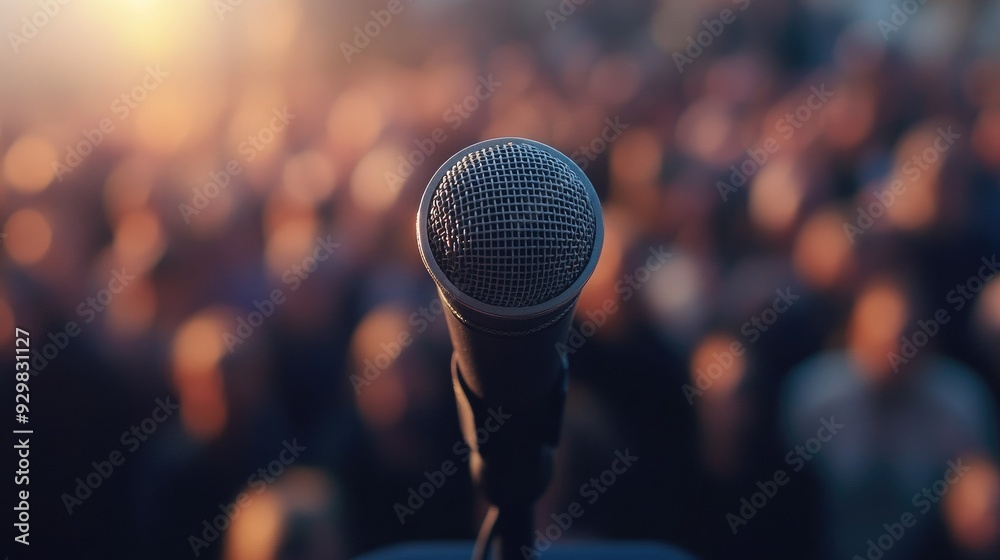 Microphone in close-up on a podium, with a blurred crowd in the background, focusing on the interface between speaker and audience Microphone in close-up on a podium, with a blurred crowd in the background, focusing on the interface between speaker and audience