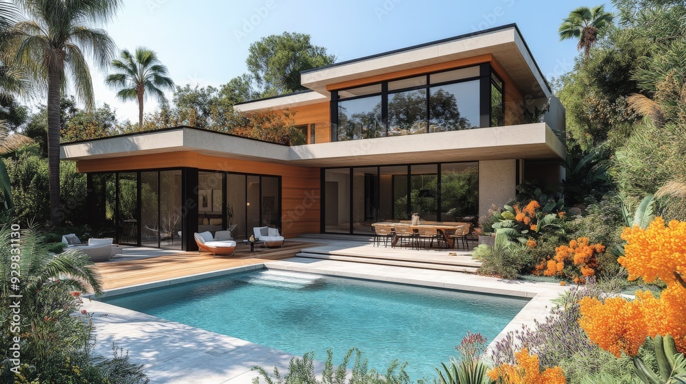 Fototapeta premium luxurious bungalow with a architectural style is modern with clean lines