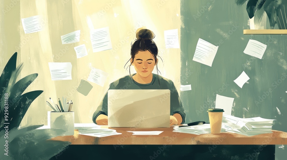Woman Working on Laptop Surrounded by Papers Woman Working on Laptop Surrounded by Papers