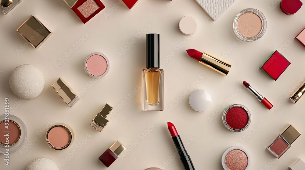 Trendy flat lay featuring a collection of beauty products like perfume, lipstick, and eyeshadow, set against a neutral background for a polished effect Trendy flat lay featuring a collection of beauty products like perfume, lipstick, and eyeshadow, set against a neutral background for a polished effect