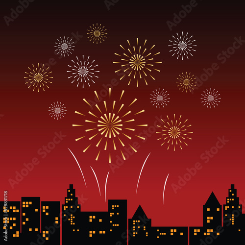 Vector night cityscape with fireworks vector evening landscape with skyscrapers silhouette