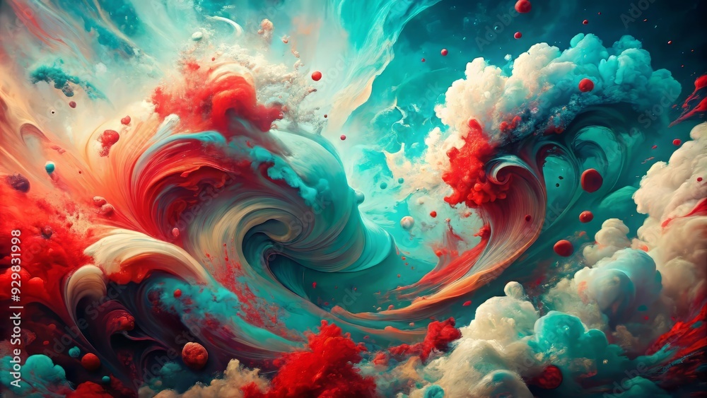 Vibrant abstract background featuring swirling clouds of turquoise and crimson paint splatters on a rough, unfinished texture, evoking a dynamic, expressive, and artistic atmosphere.