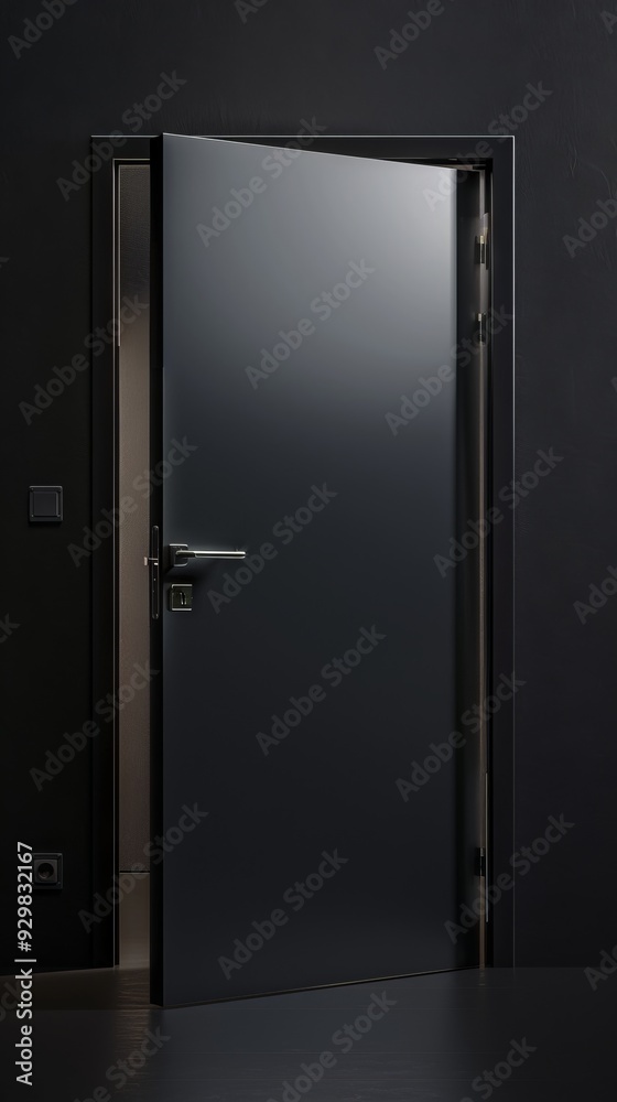 A gray aluminum door stands open, revealing a sleek hallway within a contemporary home setting A gray aluminum door stands open, revealing a sleek hallway within a contemporary home setting