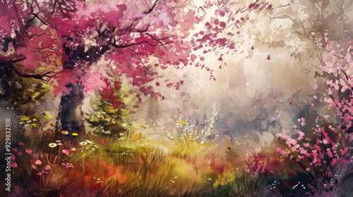 Wallpaper Mural Abstract Watercolor Painting of a Blooming Tree and Flowers in a Meadow Torontodigital.ca