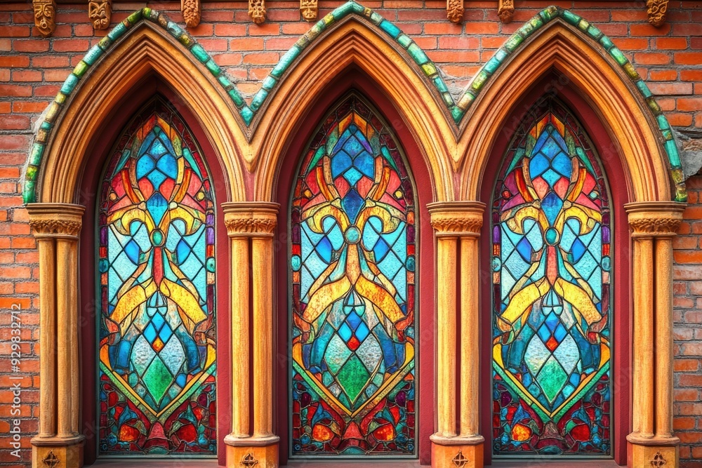 Three stained glass windows on brick wall Three stained glass windows on brick wall