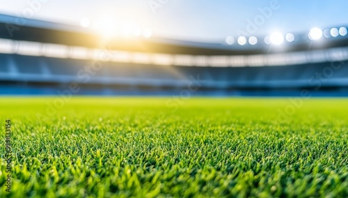 A close-up photo of the grass on an empty soccer stadium, with lights and spotlights shining down from above