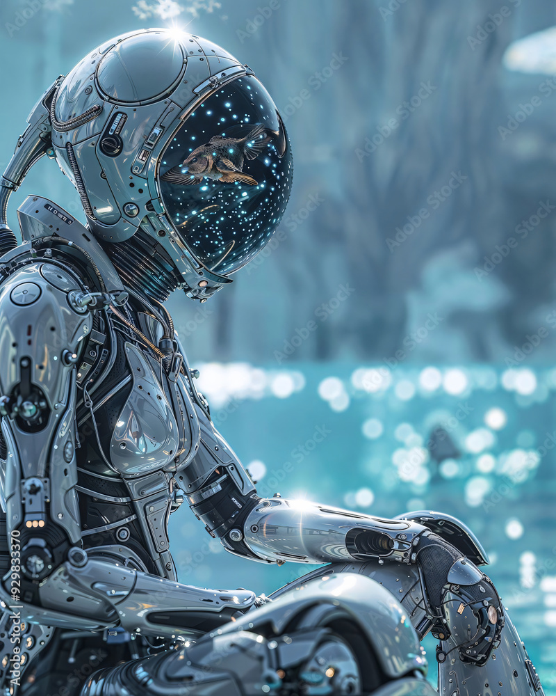 A humanoid robot, with a futuristic design, sits contemplatively in a serene environment, reflecting on its surroundings under soft lighting with bokeh effects