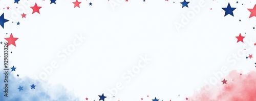 Soft faded watercolor star border design in red, white, blue, ideal for Memorial Day, Independence Day, Labor Day, marketing, patriotic themes, copy space available.