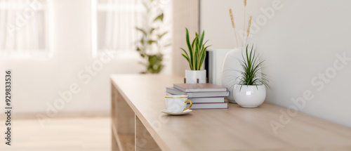 Foto A wooden hallway sideboard or cabinet in a bright minimal interior room