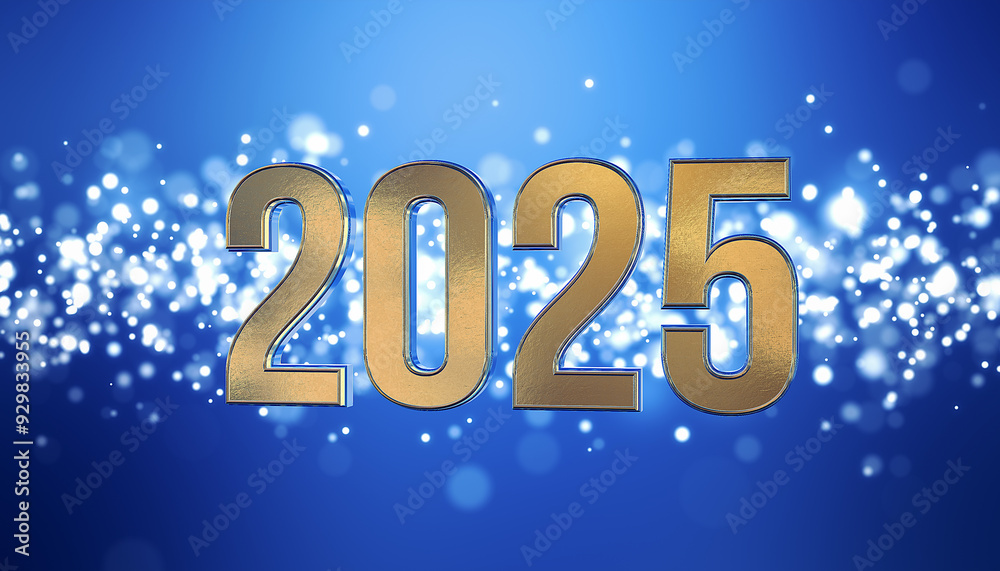 3d rendering of golden light shine particles bokeh over blue background and the numbers 2025 in gold - represents the new year - vacation concept. 3d rendering of golden light shine particles bokeh over blue background and the numbers 2025 in gold - represents the new year - vacation concept.