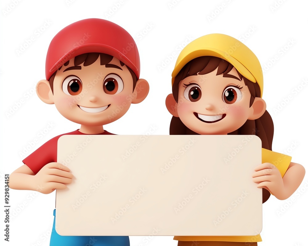 Cute boy and girl characters in colorful outfits holding a blank signboard, isolated on white background, smiling and cheerful. Cute boy and girl characters in colorful outfits holding a blank signboard, isolated on white background, smiling and cheerful.
