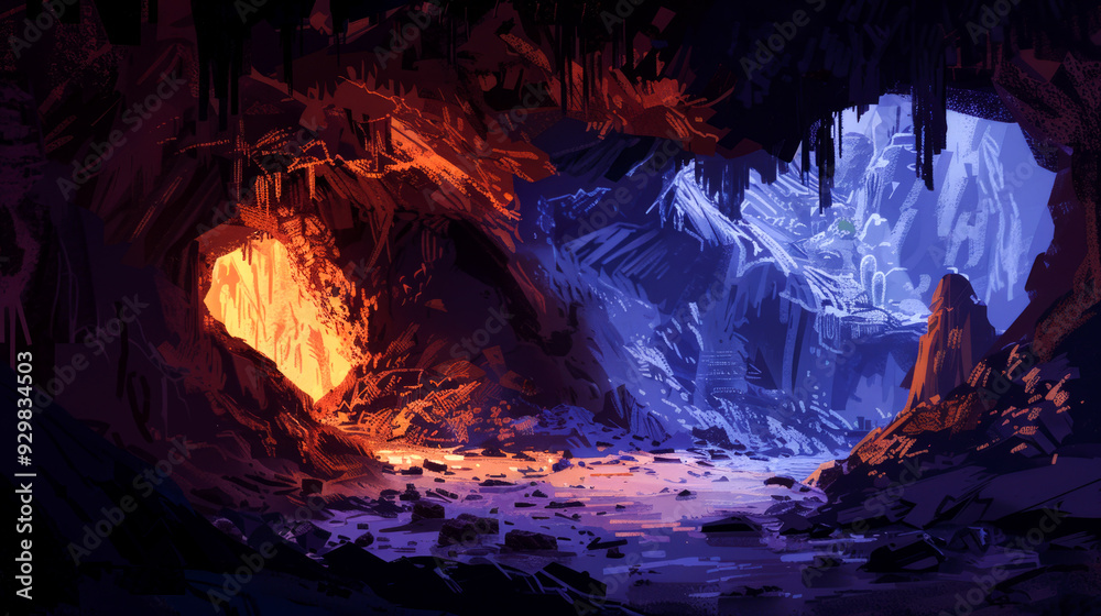 Fototapeta premium Two Caves Illuminated by Warm and Cool Light