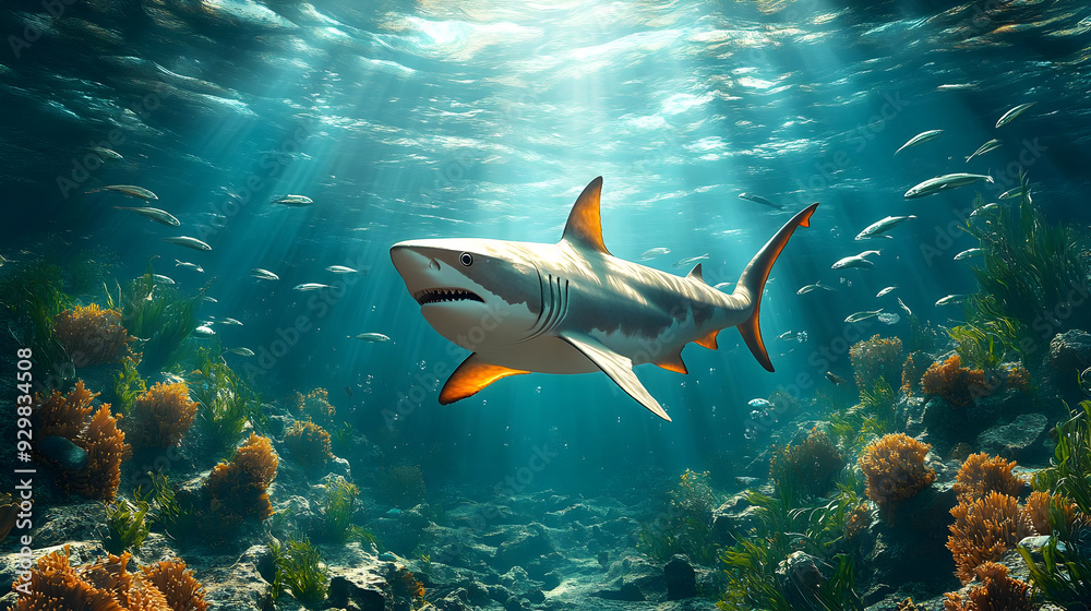 Fototapeta premium A shark swimming in a vibrant underwater scene with sunlight rays.