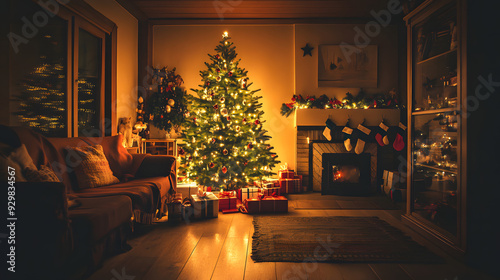 A living room at night with christmas tree