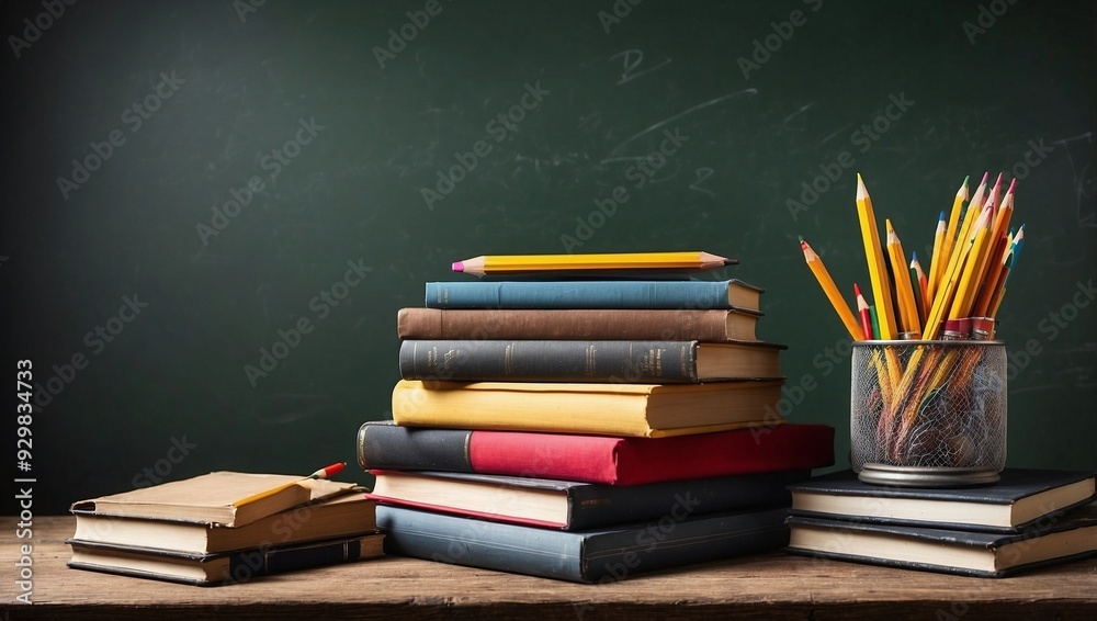 Books and Pencils Stacked on School Table with Blackboard Books and Pencils Stacked on School Table with Blackboard
