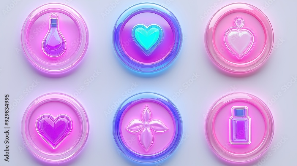 A set of six colorful buttons with hearts and other symbols. The buttons are arranged in a grid and are all pink A set of six colorful buttons with hearts and other symbols. The buttons are arranged in a grid and are all pink