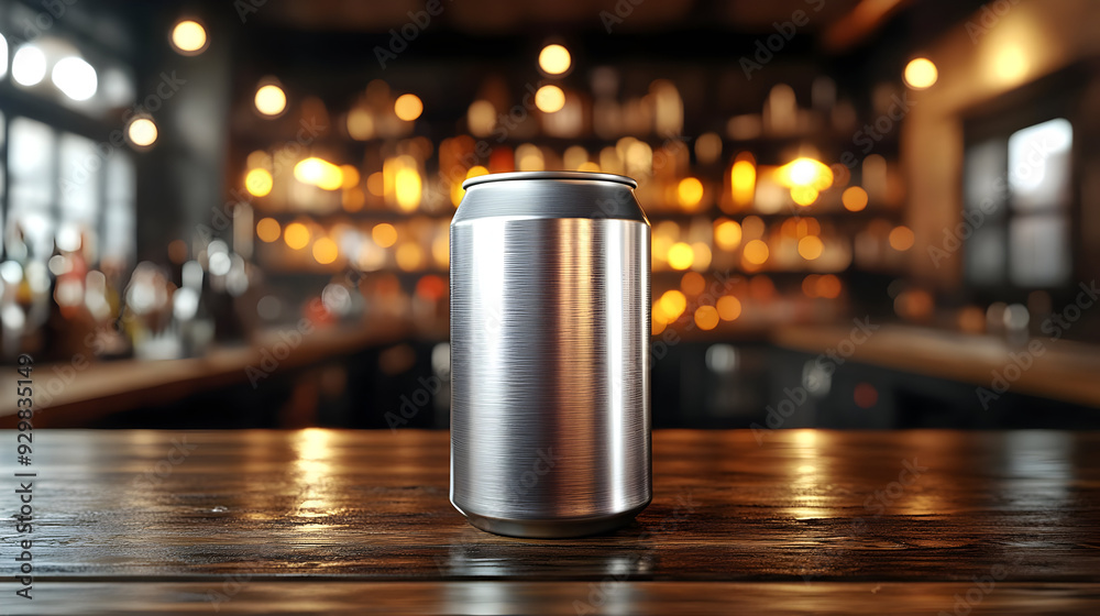 A silver can on a wooden table in a bar setting.