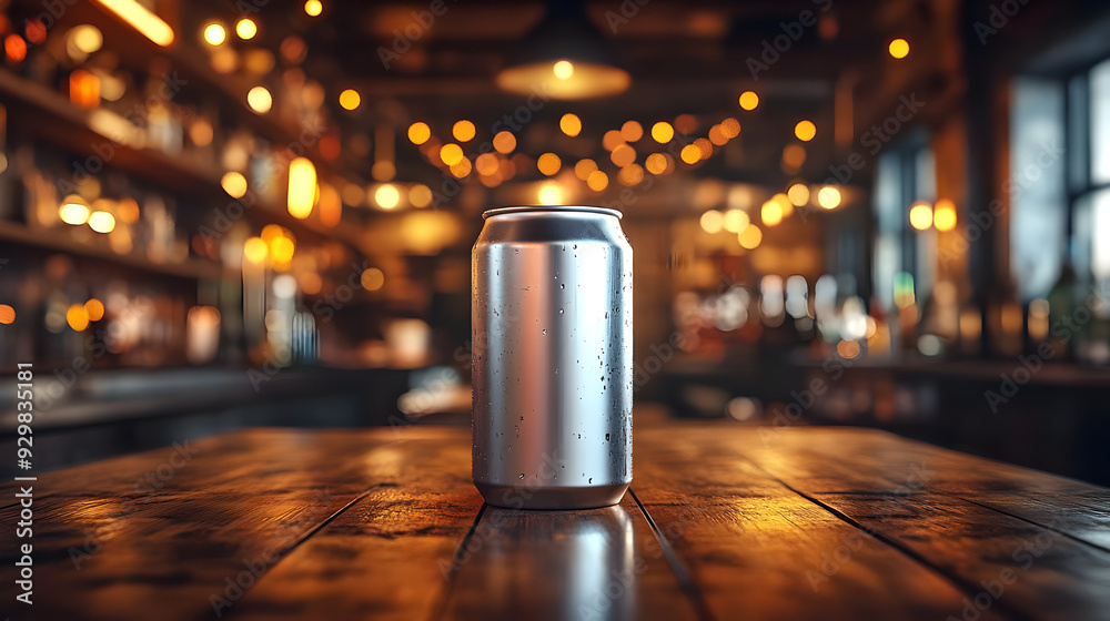 A silver can on a wooden table in a cozy bar setting.