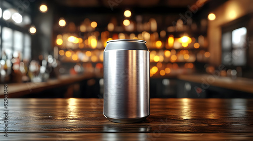 A silver can on a wooden ta...