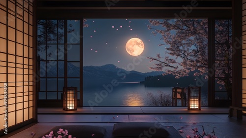 Japanese Moonlit Room. Traditional shoji interior with full moon view over tranquil lake. Serene and elegant nighttime photo