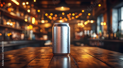 A silver can on a wooden ta...
