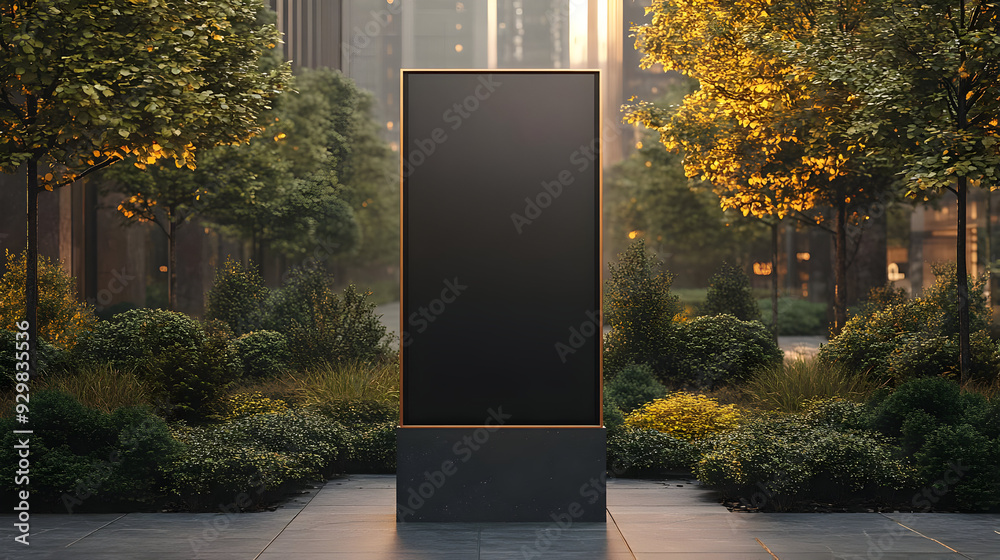 A sleek black monolith surrounded by lush greenery in an urban setting. A sleek black monolith surrounded by lush greenery in an urban setting.