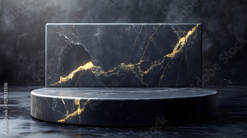 A sleek black marble displa...