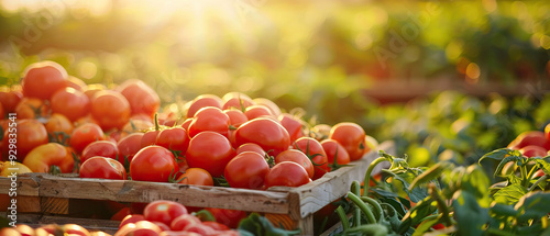 Freshly picked strawberries in a wooden crate with sunlight shining photo