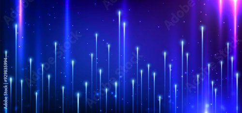 Abstract digital technology background. Abstract digital background with neon light particles and luminous rays in motion, technology and networking. Telecommunication. Big data connection. Vector.