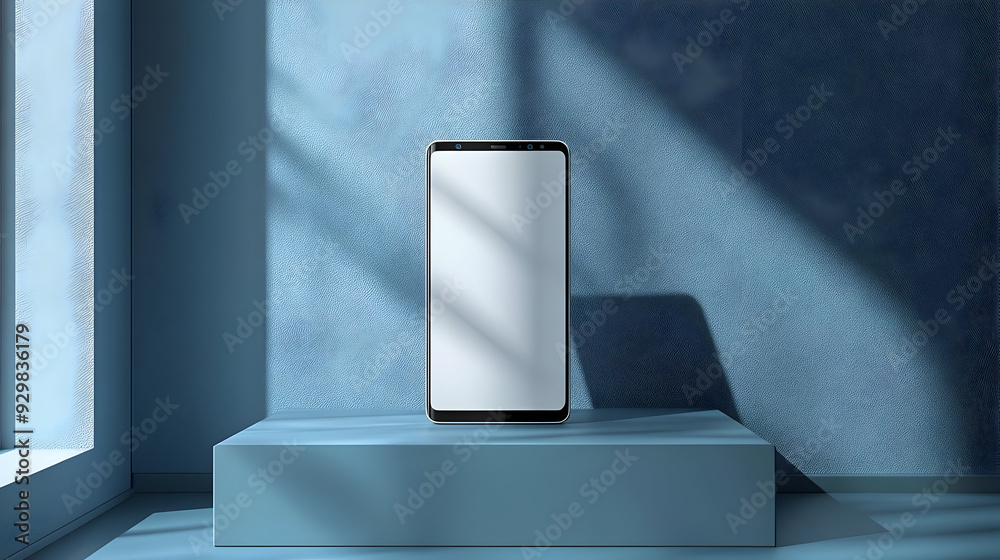 A smartphone displayed on a minimalist blue pedestal in natural light. A smartphone displayed on a minimalist blue pedestal in natural light.