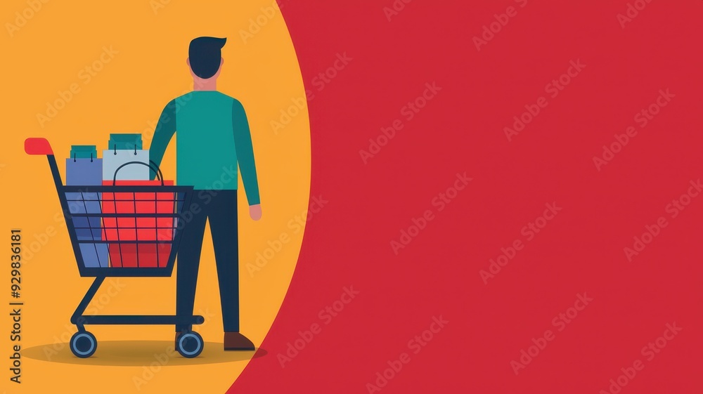 A man stands with a shopping cart filled with groceries against a colorful background, representing modern shopping habits. A man stands with a shopping cart filled with groceries against a colorful background, representing modern shopping habits.