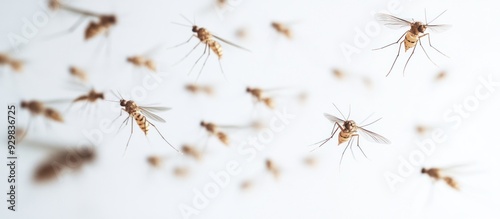 Mosquito Swarm in Flight Against White Background